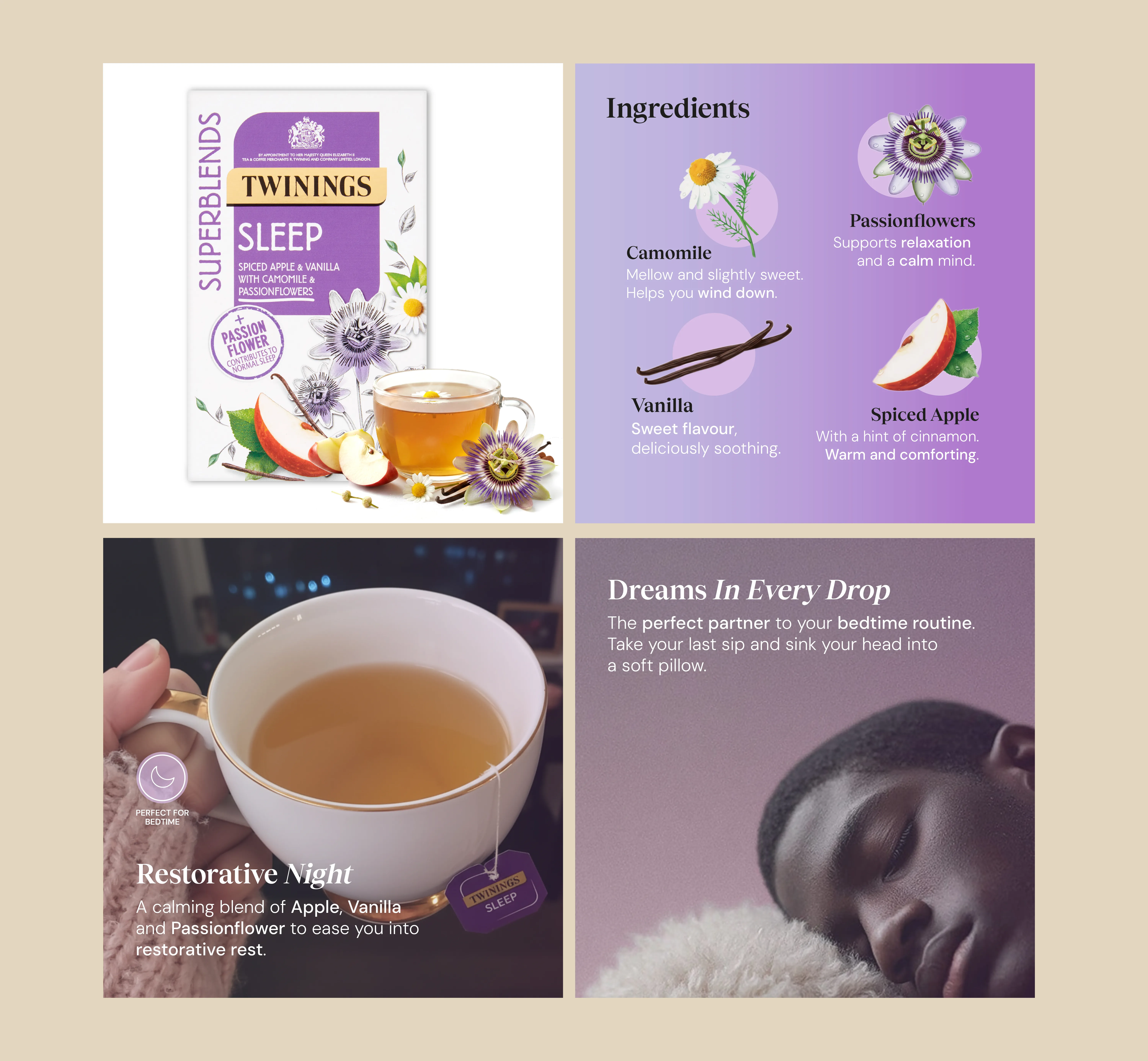 PDP Optimization: High-Conversion Product Imagery Grid of four Product Detail Page (PDP) images for Twinings, showcasing key product benefits, ingredients, and lifestyle photography.