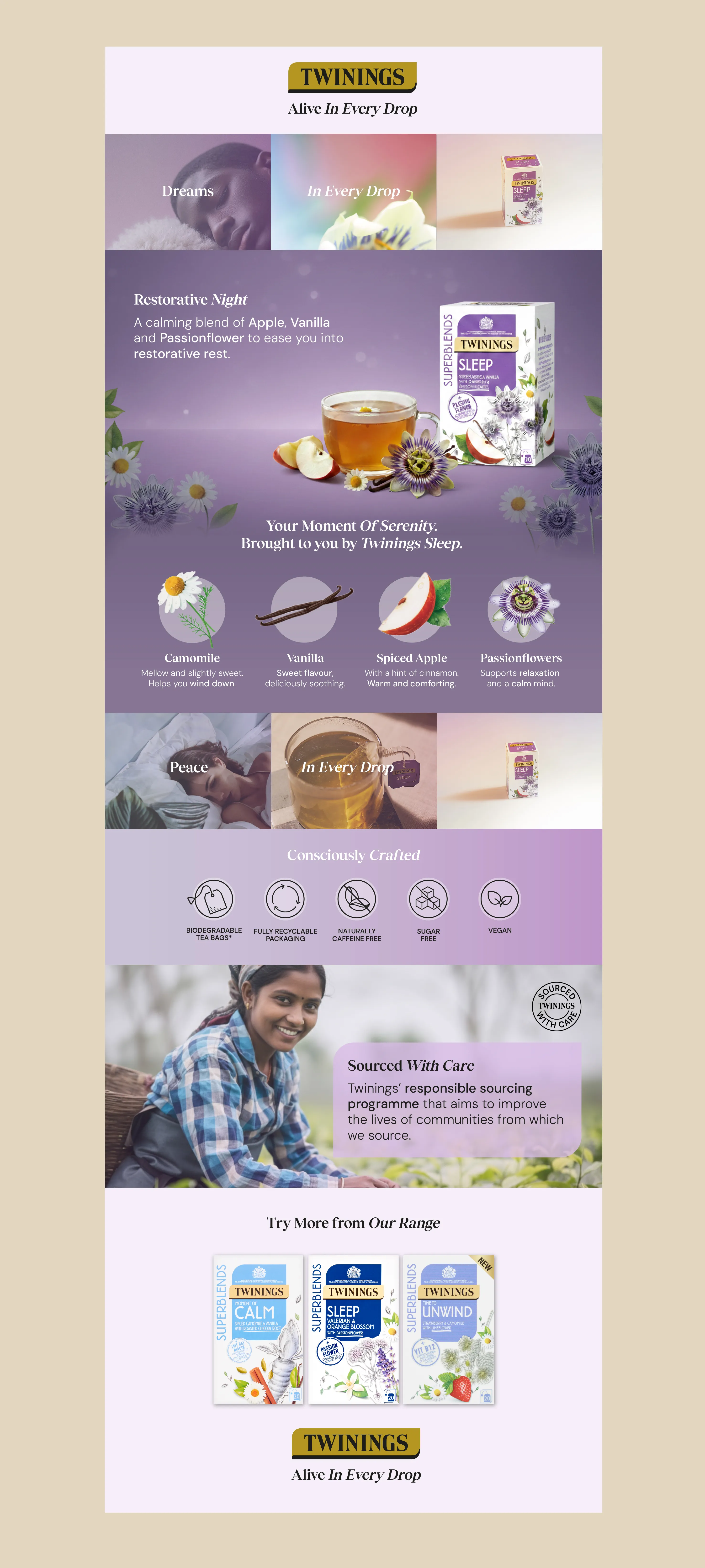Premium Brand Storytelling: Twinings A+ Content Strategy Full-length A+ Content layout for Twinings Sleep, featuring a modular design with ingredient highlights, lifestyle sections, and a soothing mauve aesthetic.