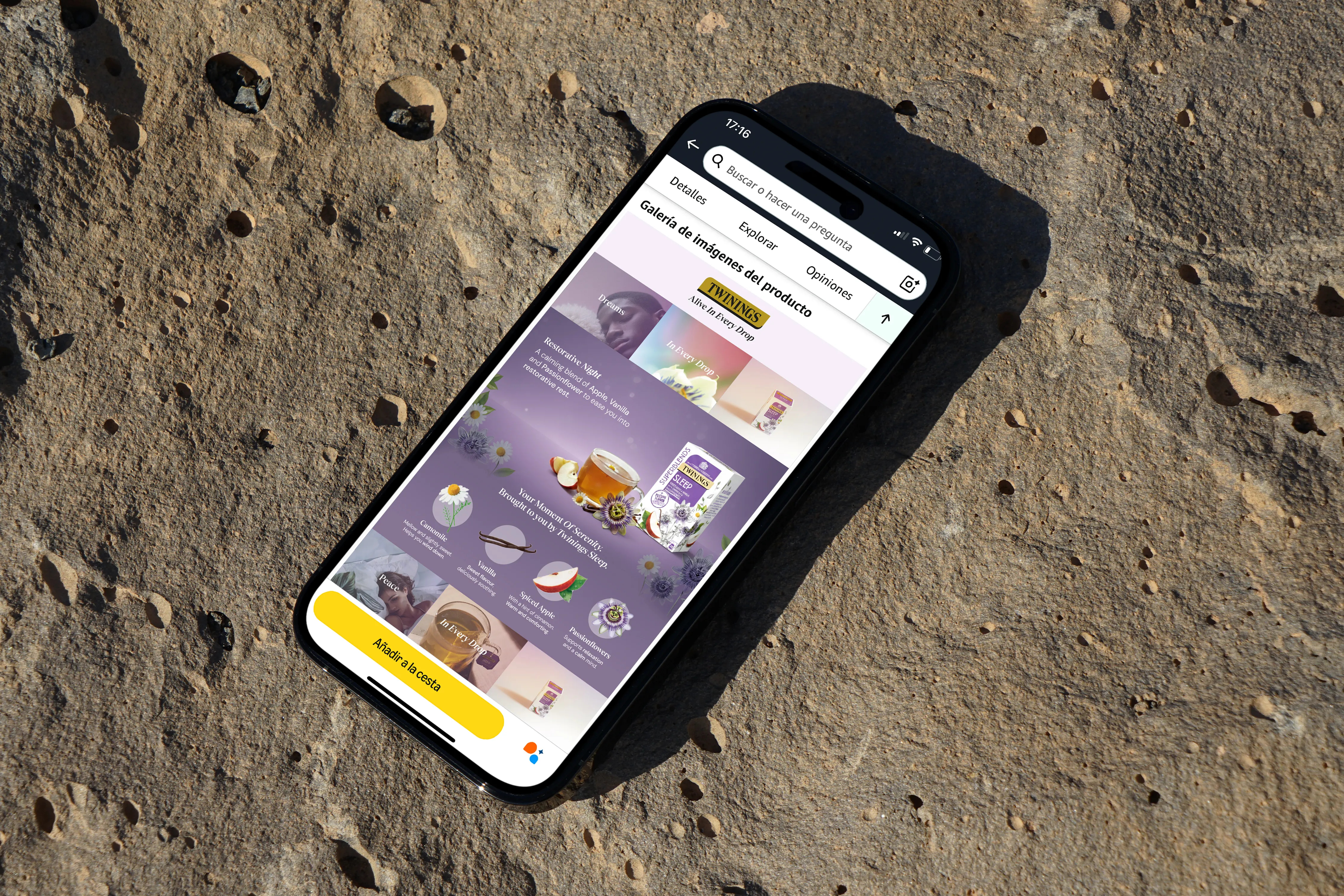 Optimized Brand Storytelling for Twinings Sleep. iPhone mockup displaying a mobile-optimized A+ Content design for Twinings Sleep tea, featuring a soothing mauve color palette and clean typography.